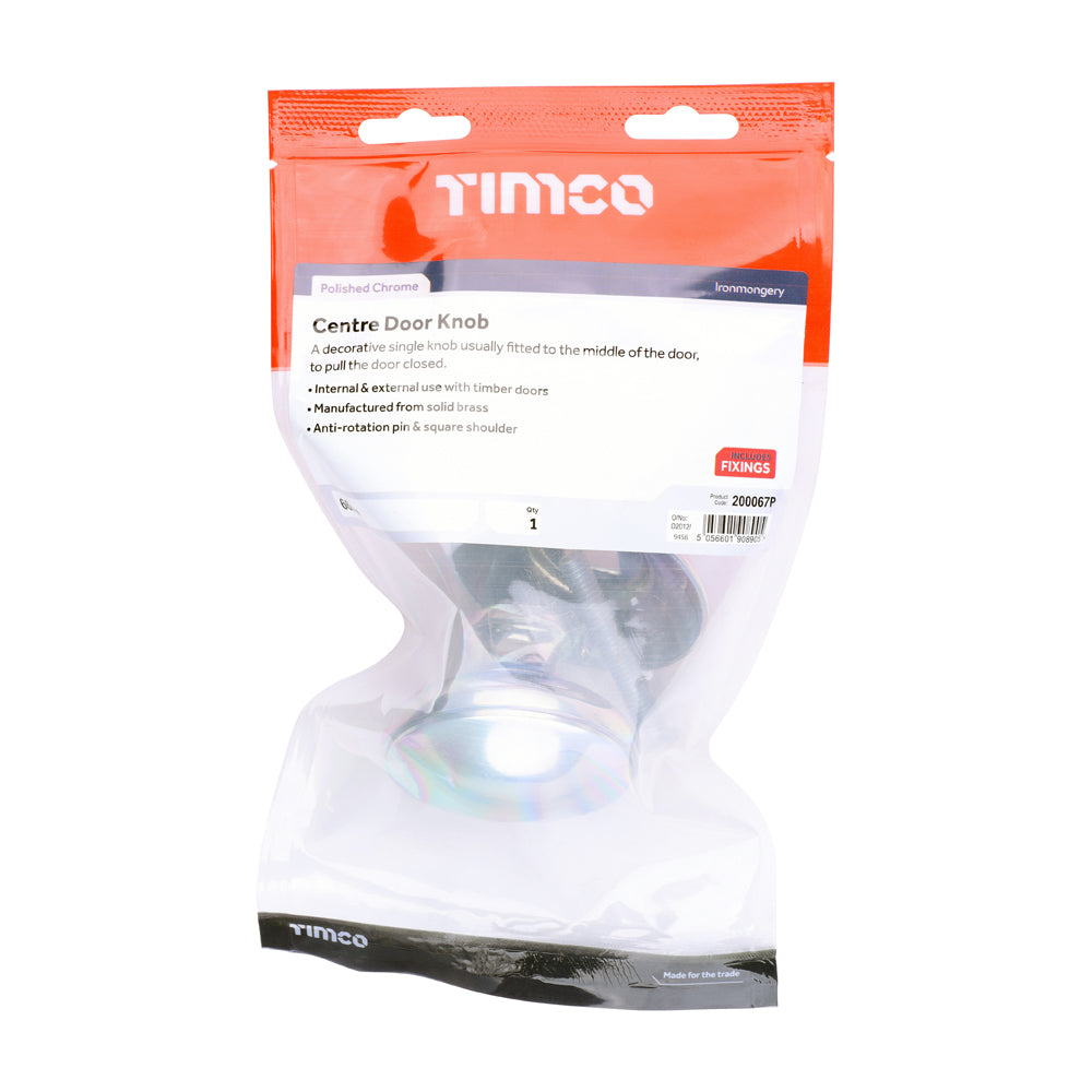 This is an image of Timco - Centre Door Knob - Polished Chrome 66mm (1 Each TIMbag) 200067P