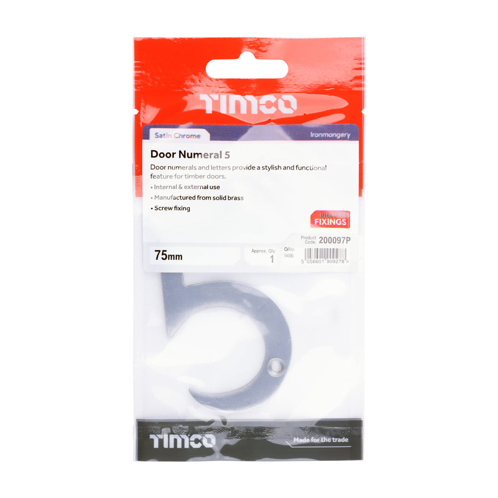 This is an image of Timco - Door Numeral 5 - Satin Chrome 75mm (1 Each TIMpac) 200097P