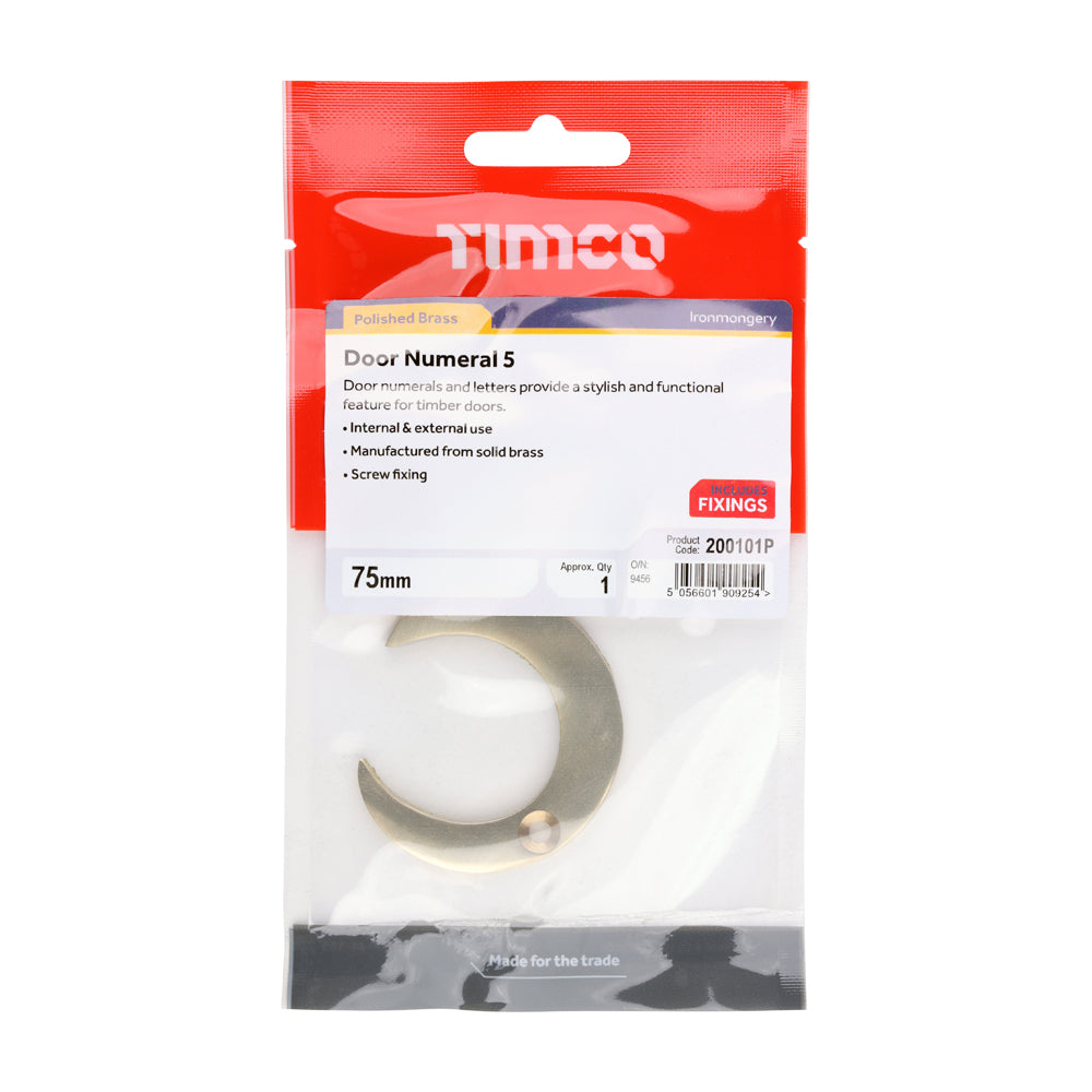 This is an image of Timco - Door Numeral 5 - Polished Brass 75mm (1 Each TIMpac) 200101P