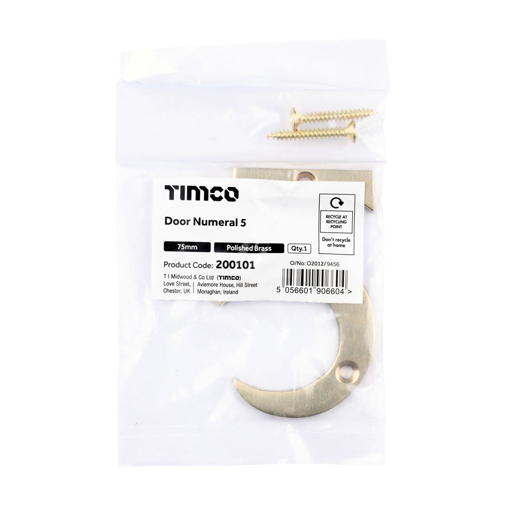 This is an image of Timco - Door Numeral 5 - Polished Brass 75mm (1 Each Bag) 200101