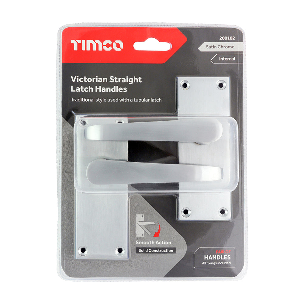 This is an image of Timco - Victorian Straight Latch Handles - Satin Chrome 114 x 42 (1 Pairs Blister Pack) 200102