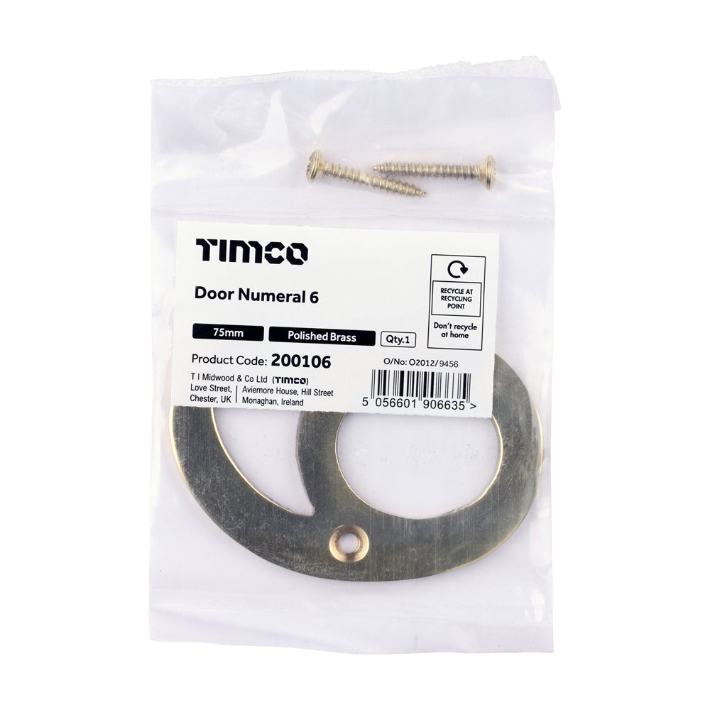 This is an image of Timco - Door Numeral 6 - Polished Brass 75mm (1 Each Bag) 200106