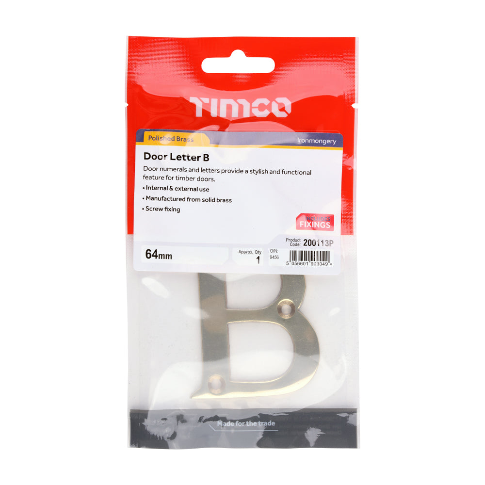 This is an image of Timco - Door Letter B - Polished Brass 64mm (1 Each TIMpac) 200113P