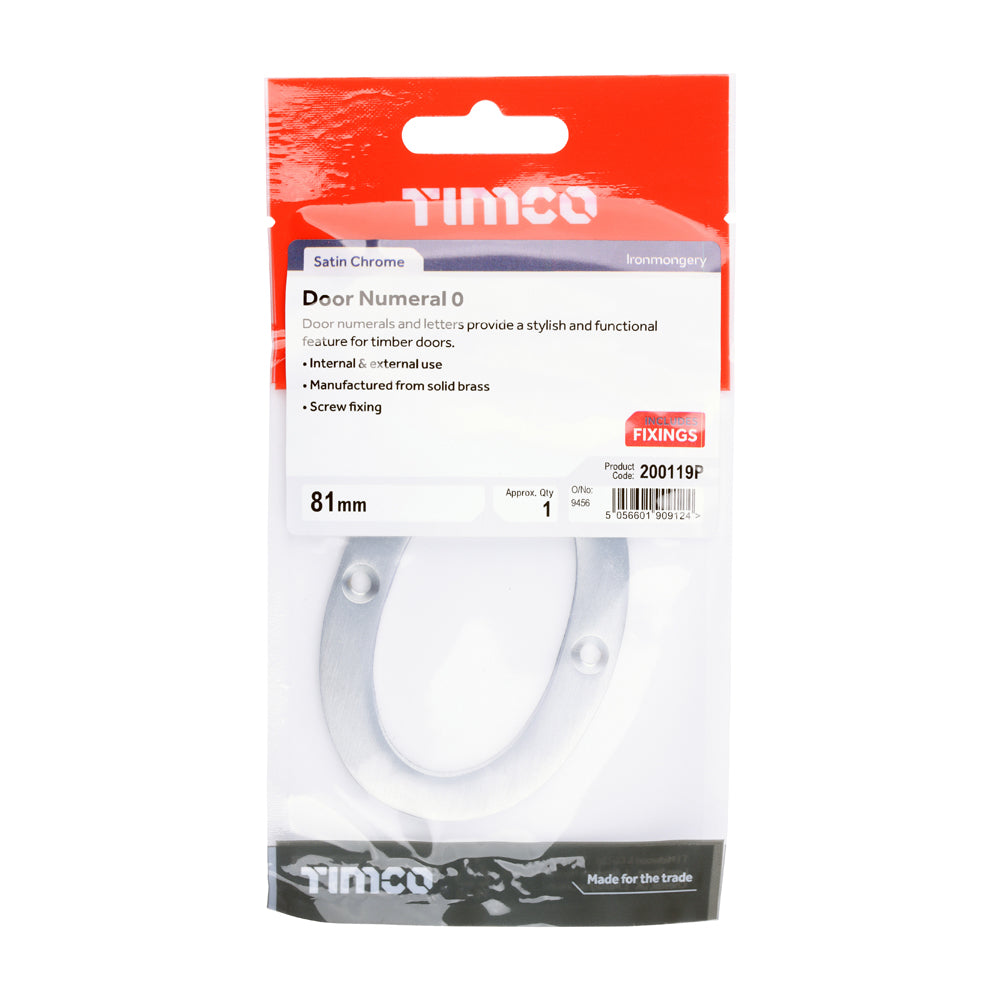 This is an image of Timco - Door Numeral 0 - Satin Chrome 81mm (1 Each TIMpac) 200119P
