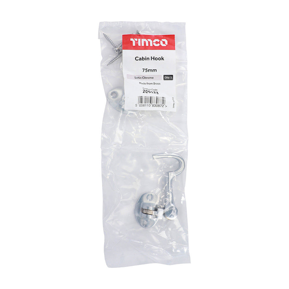 This is an image of Timco - Cabin Hook - Satin Chrome 75mm (1 Each Bag) 200123