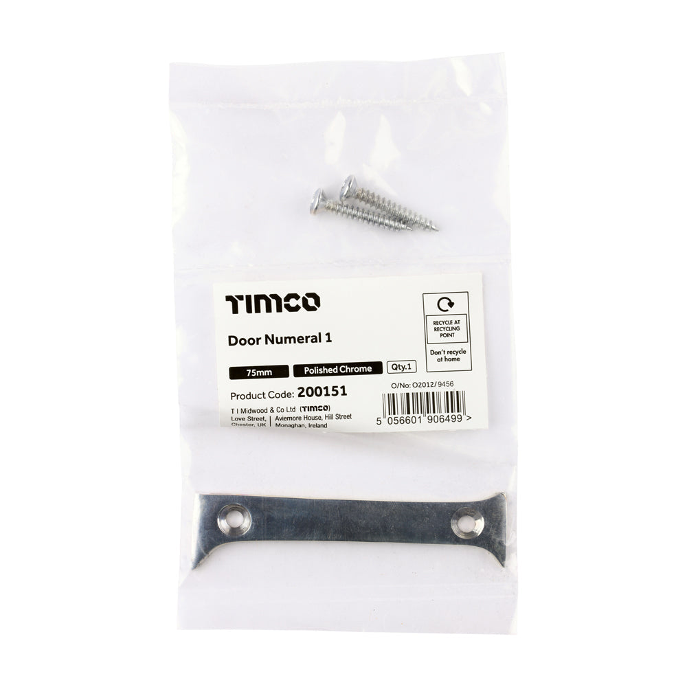 This is an image of Timco - Door Numeral 1 - Polished Chrome 75mm (1 Each Bag) 200151