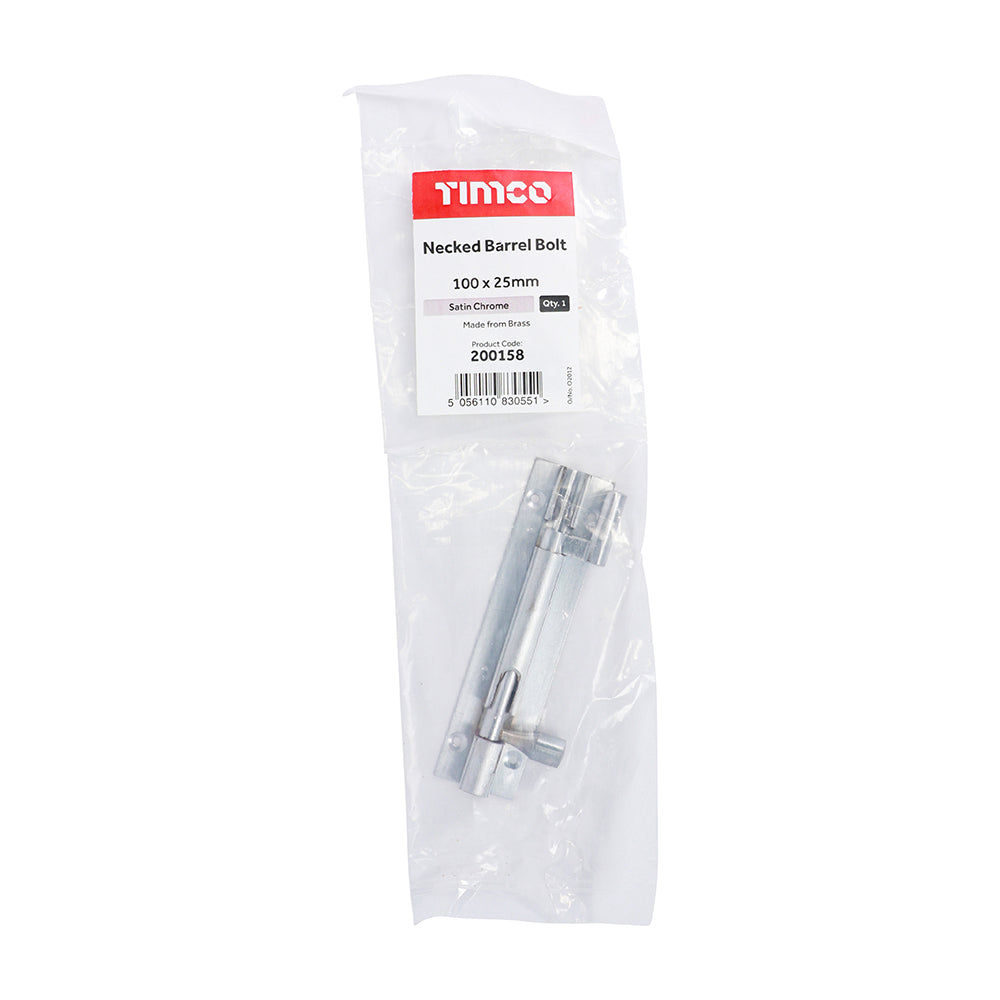 This is an image of Timco - Necked Barrel Bolt - Satin Chrome 100 x 25mm (1 Each Bag) 200158