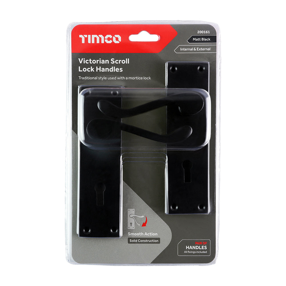 This is an image of Timco - Victorian Scroll Lock Handles - Matt Black 152 x 42 (1 Pairs Blister Pack) 200161