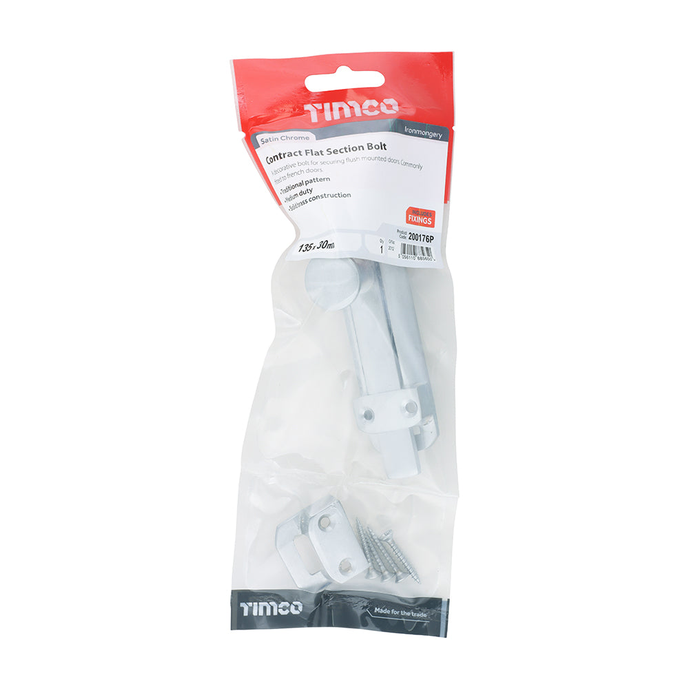 This is an image of Timco - Contract Flat Section Bolt - Satin Chrome 135 x 30mm (1 Each TIMpac) 200176P