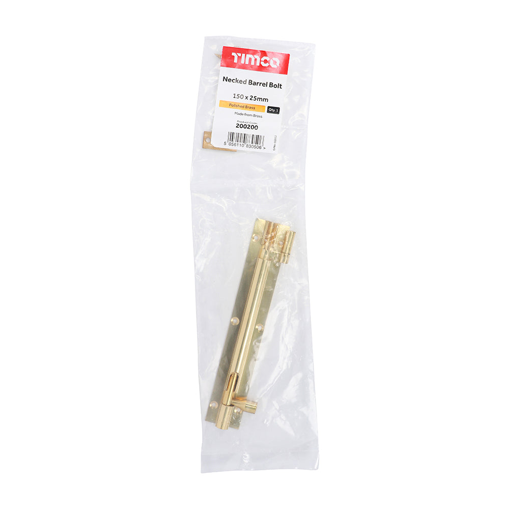 This is an image of Timco - Necked Barrel Bolt - Polished Brass 150 x 25mm (1 Each Bag) 200200