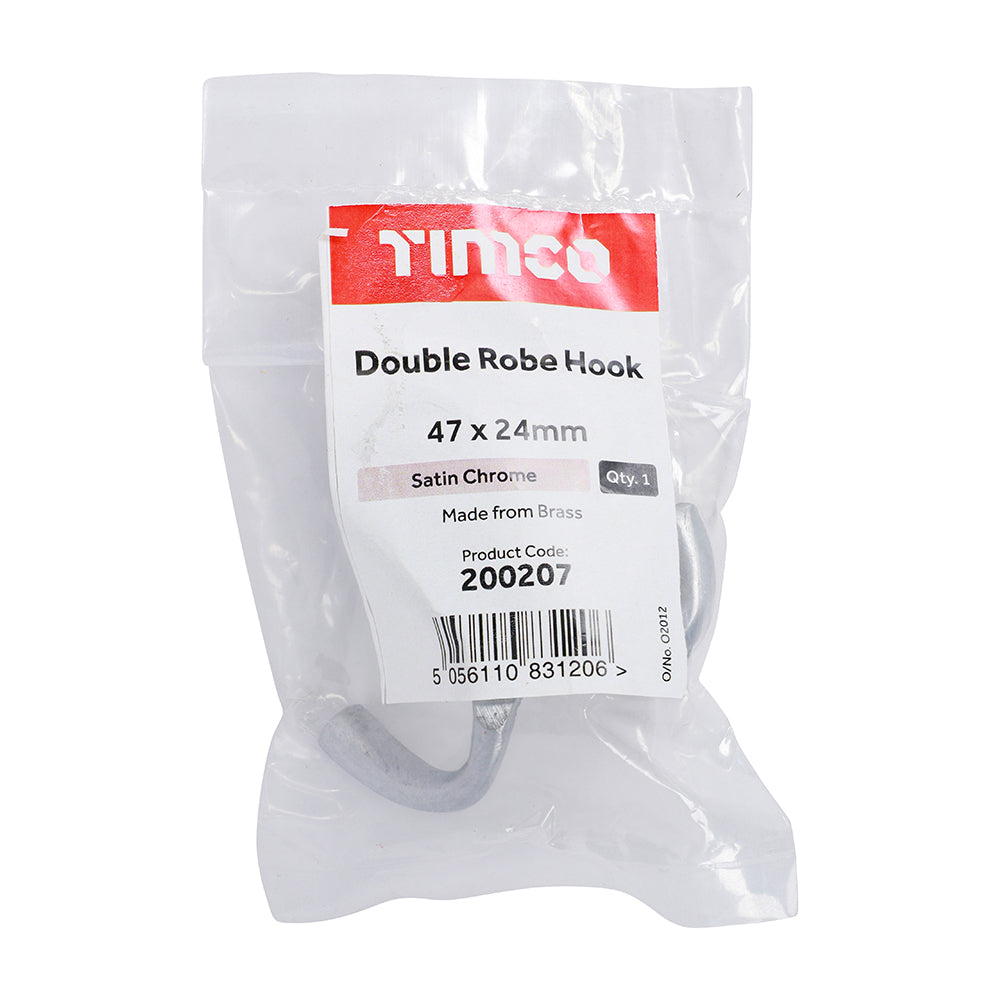 This is an image of Timco - Double Robe Hook - Satin Chrome 47 x 24mm (1 Each Bag) 200207