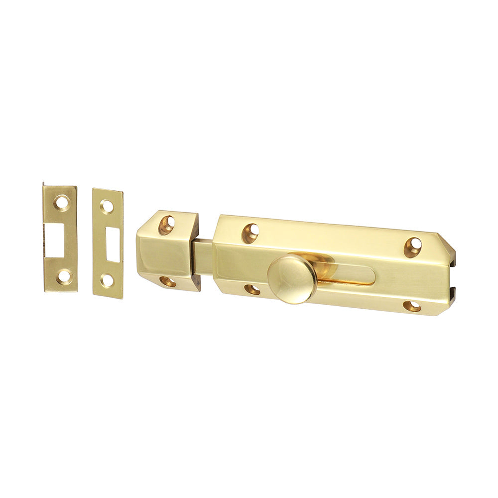 This is an image of Timco - Architectural Flat Section Bolt - Polished Brass 100 x 35mm (1 Each TIMpac) 200236P