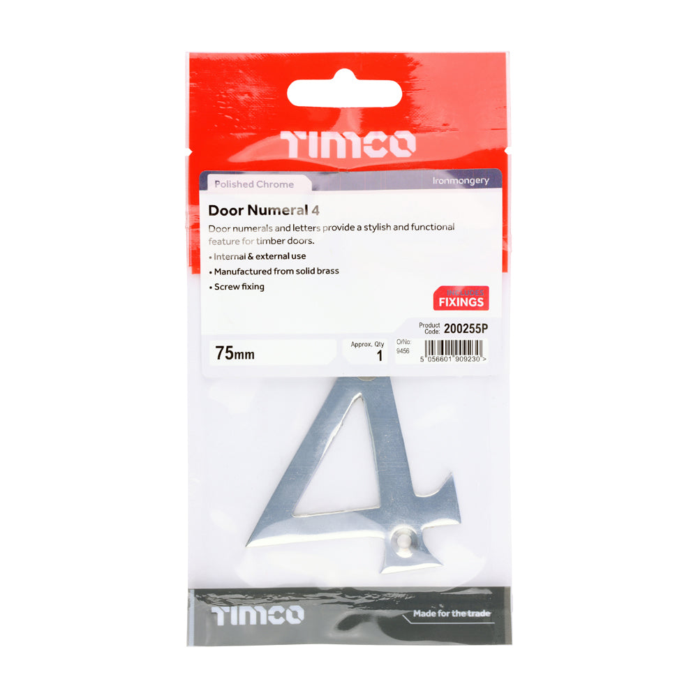 This is an image of Timco - Door Numeral 4 - Polished Chrome 75mm (1 Each TIMpac) 200255P