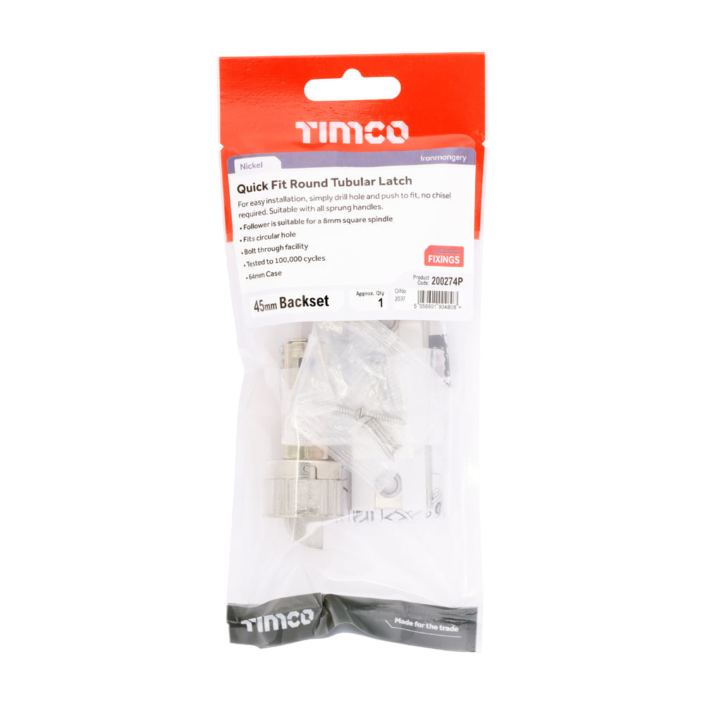This is an image of Timco - Quick Fit Round Tubular Latch - Nickel 64 case / 45 backset (1 Each TIMpac) 200274P