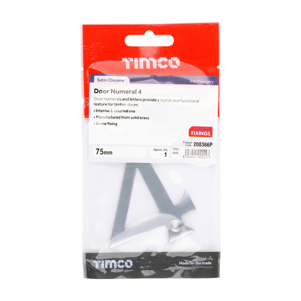 This is an image of Timco - Door Numeral 4 - Satin Chrome 75mm (1 Each TIMpac) 200366P