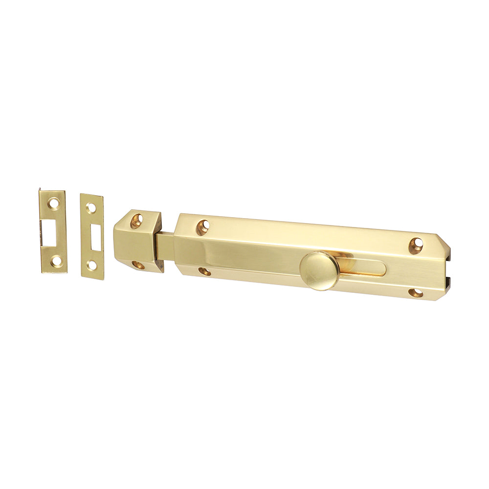 This is an image of Timco - Architectural Flat Section Bolt - Polished Brass 150 x 35mm (1 Each TIMpac) 200369P