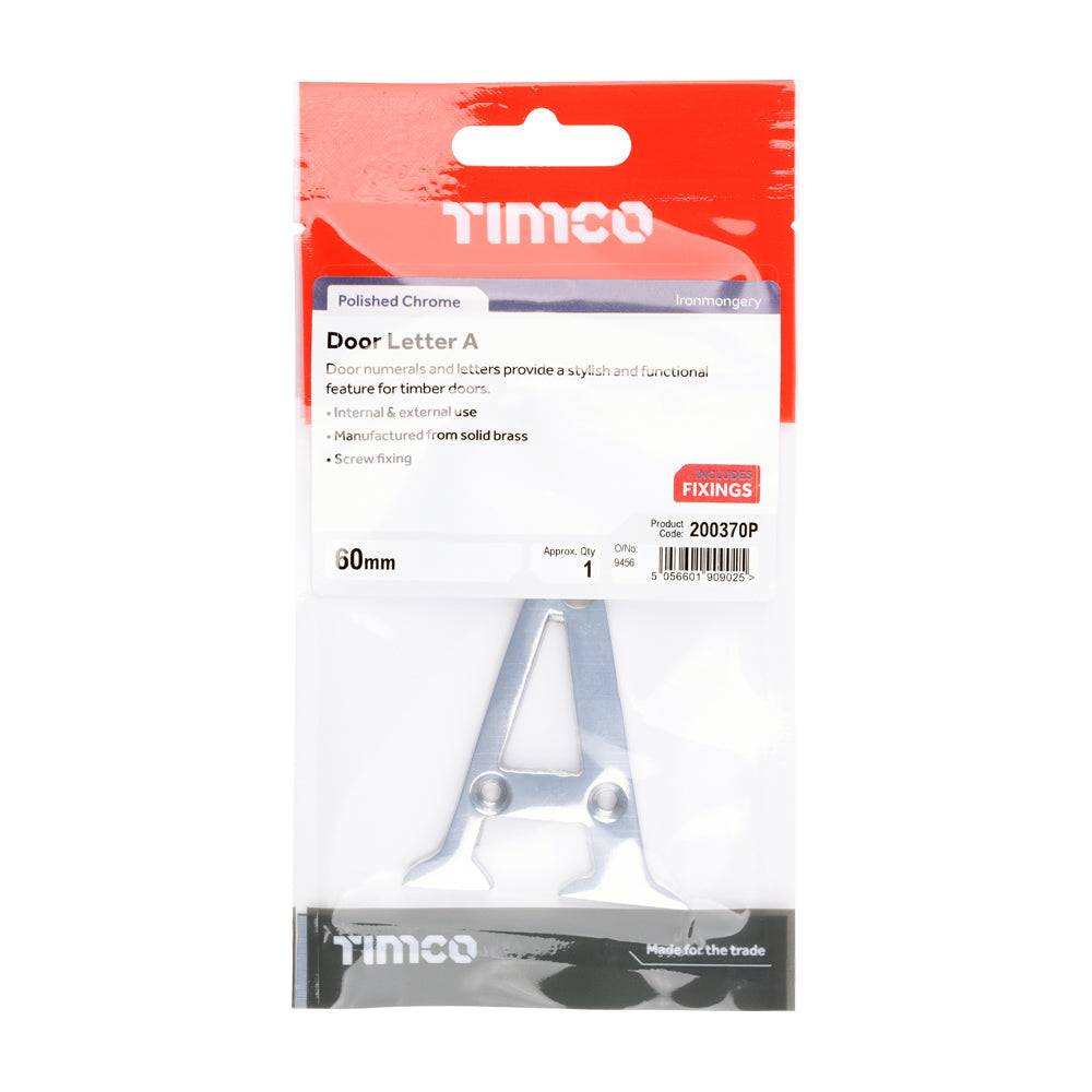 This is an image of Timco - Door Letter A - Polished Chrome 60mm (1 Each TIMpac) 200370P