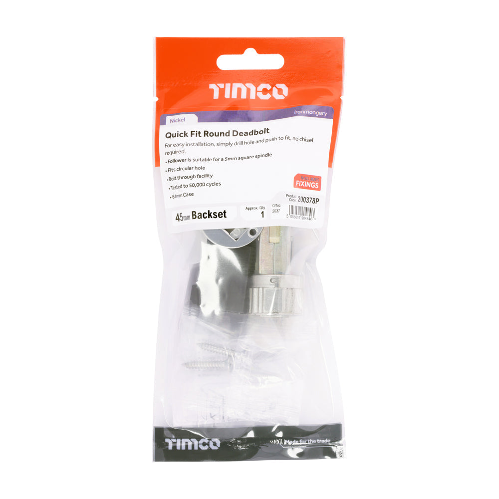 This is an image of Timco - Quick Fit Round Deadbolt - Nickel 64 case / 45 backset (1 Each TIMpac) 200378P