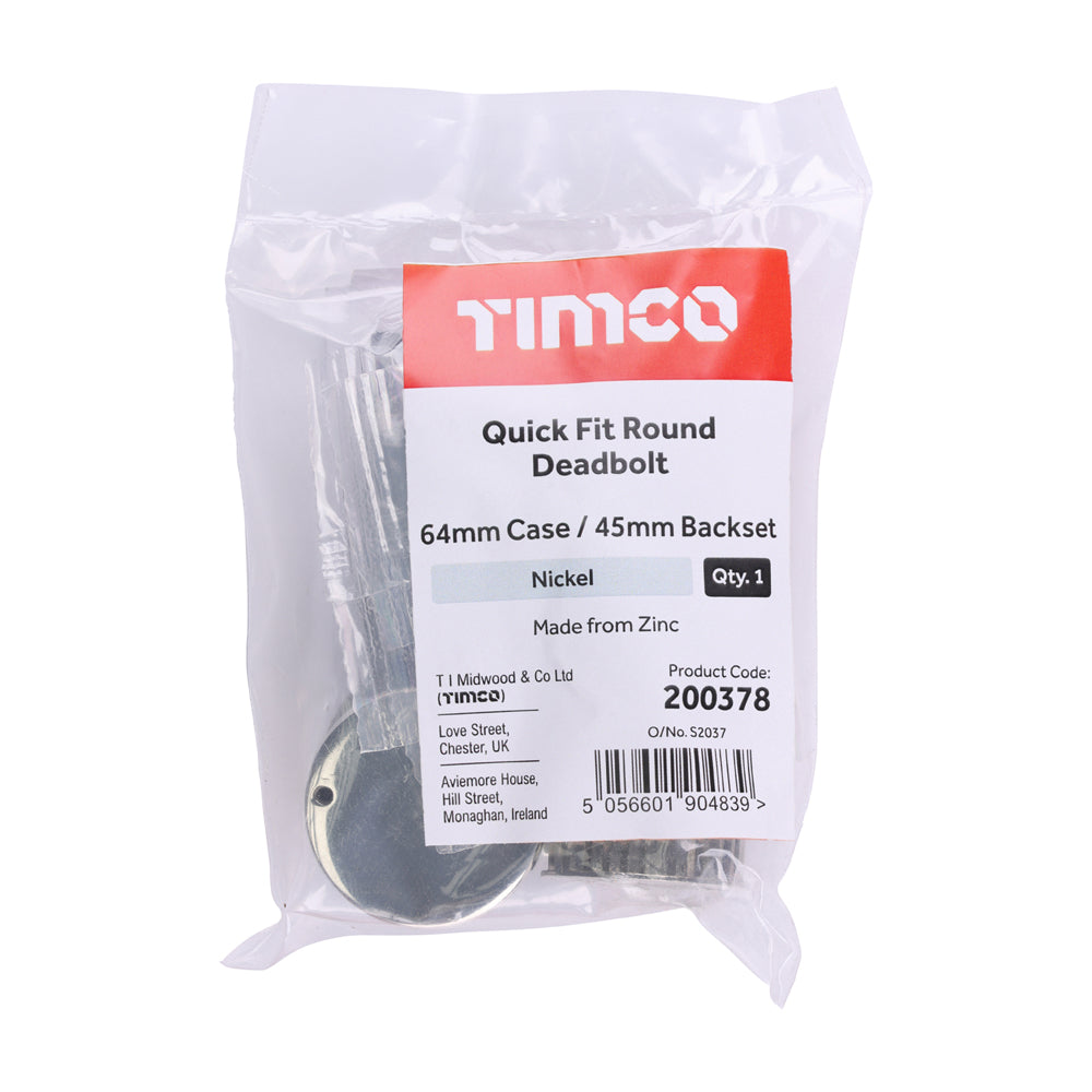 This is an image of Timco - Quick Fit Round Deadbolt - Nickel 64 case / 45 backset (1 Each Bag) 200378