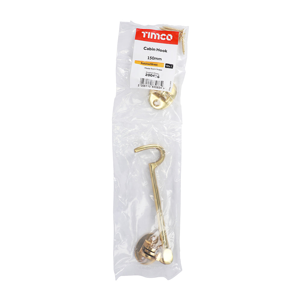 This is an image of Timco - Cabin Hook - Polished Brass 150mm (1 Each Bag) 200436