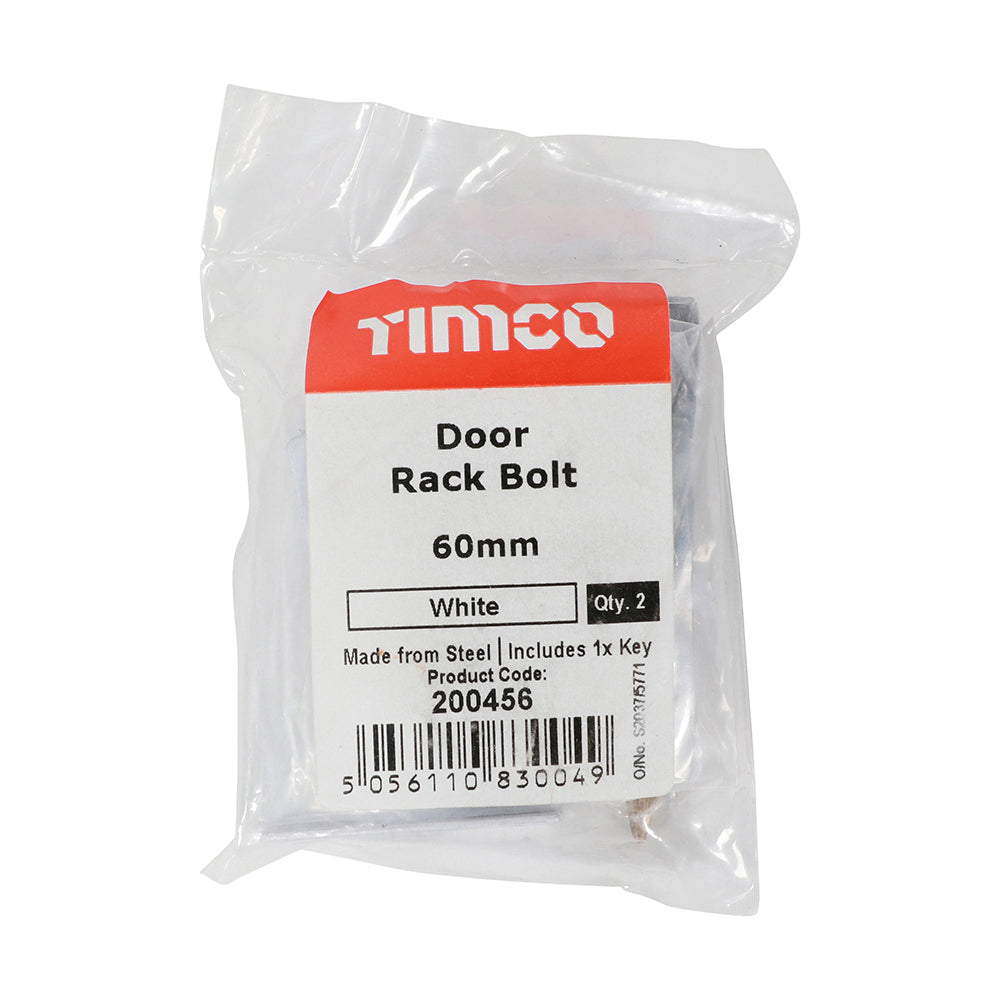 This is an image of Timco - Door Rack Bolts - White 60mm (2 Pieces Bag) 200456