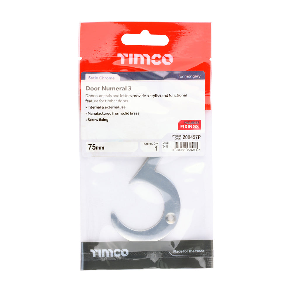 This is an image of Timco - Door Numeral 3 - Satin Chrome 75mm (1 Each TIMpac) 200457P