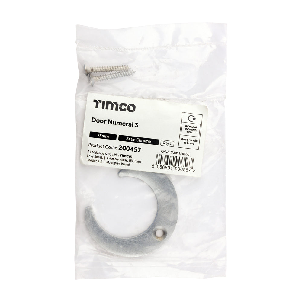 This is an image of Timco - Door Numeral 3 - Satin Chrome 75mm (1 Each Bag) 200457