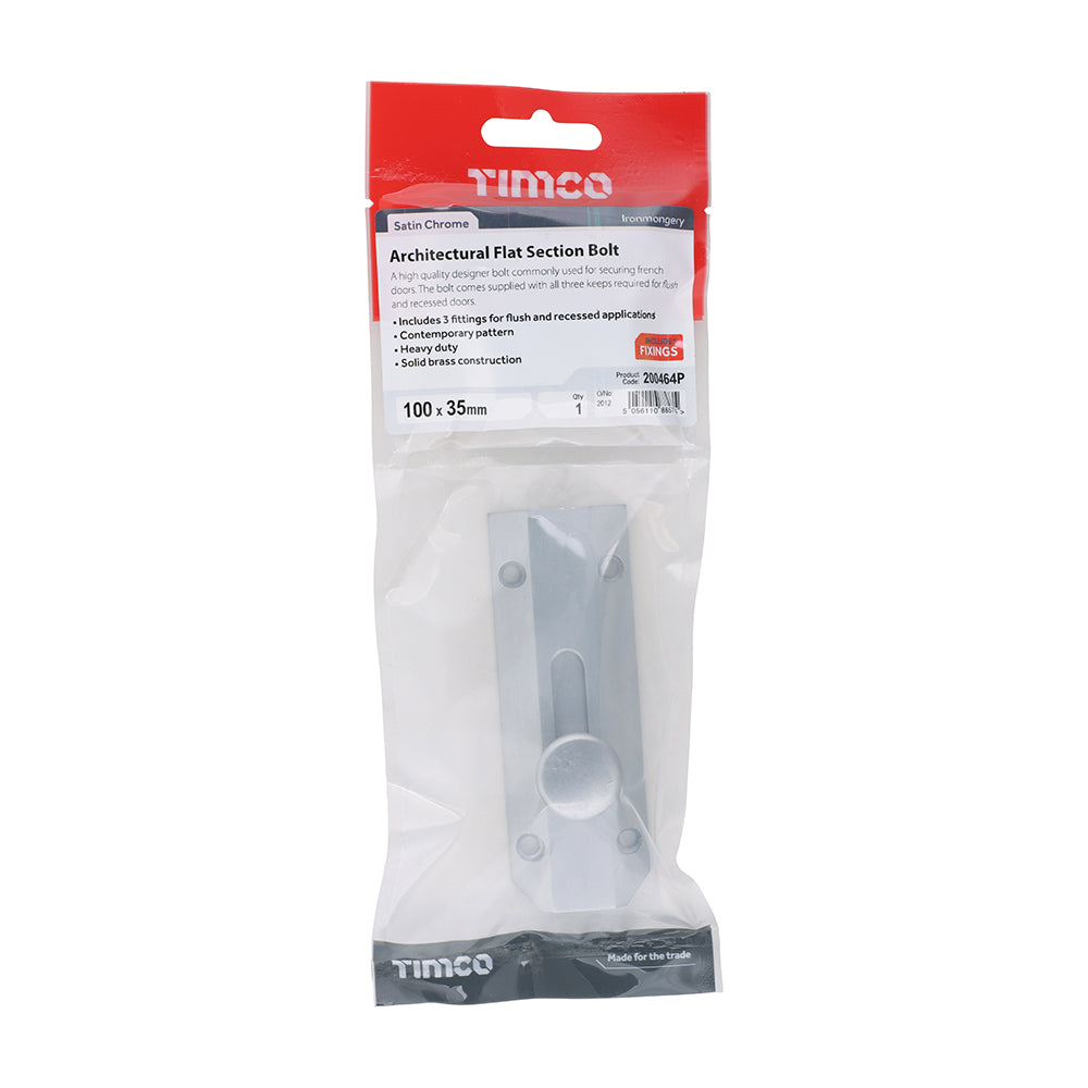 This is an image of Timco - Architectural Flat Section Bolt - Satin Chrome 100 x 35mm (1 Each TIMpac) 200464P