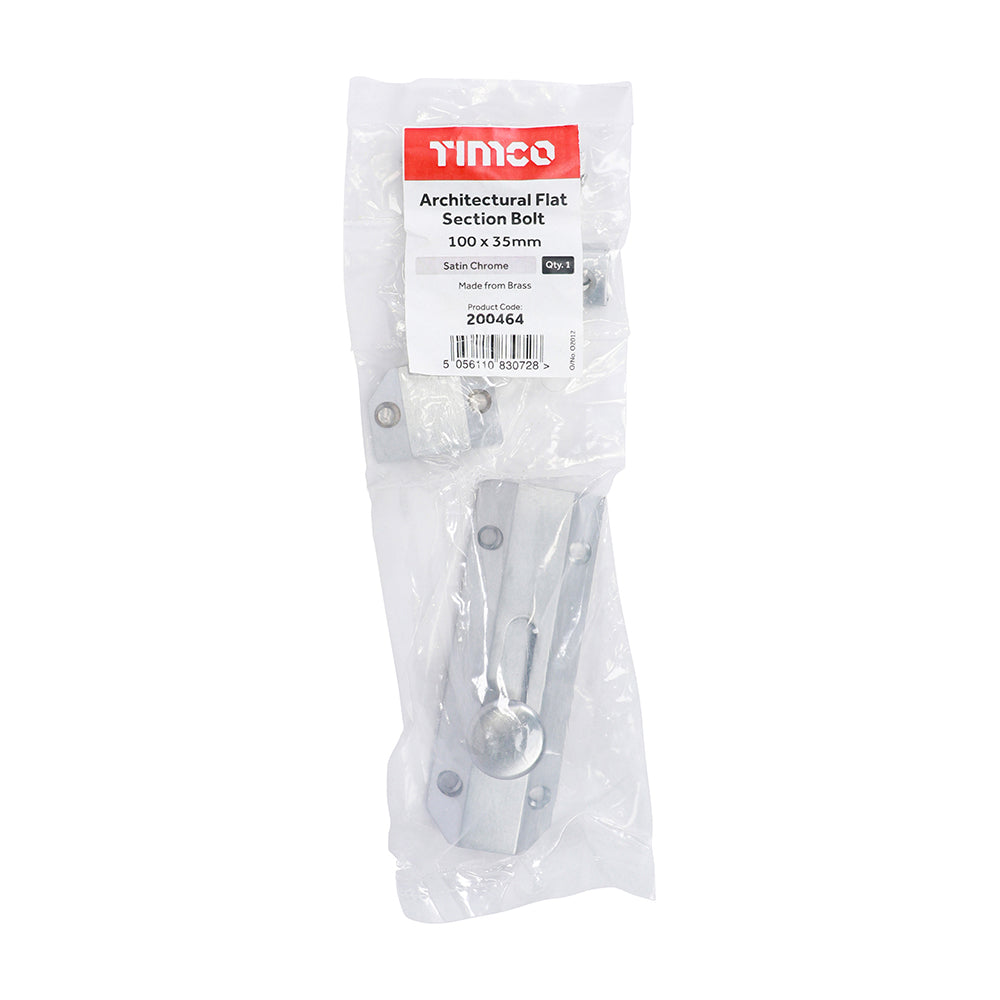 This is an image of Timco - Architectural Flat Section Bolt - Satin Chrome 100 x 35mm (1 Each Bag) 200464