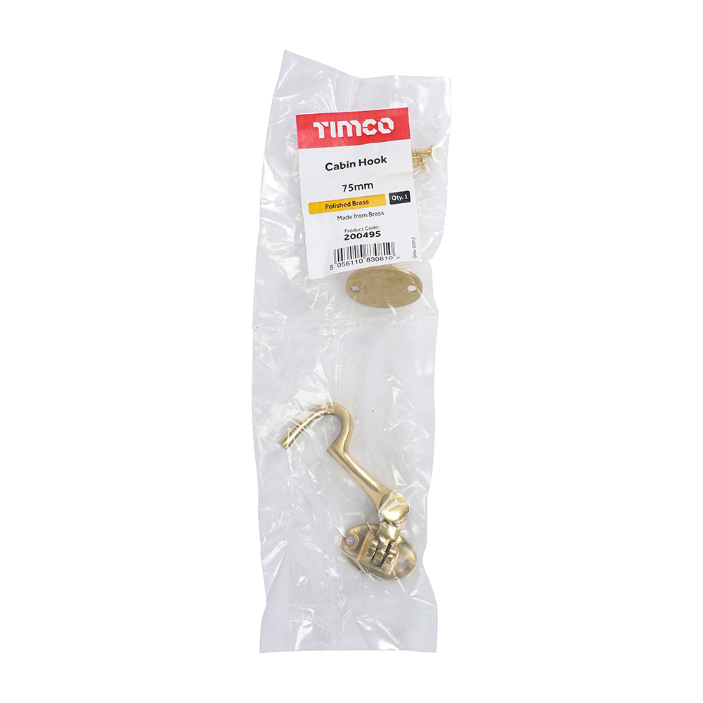This is an image of Timco - Cabin Hook - Polished Brass 75mm (1 Each Bag) 200495