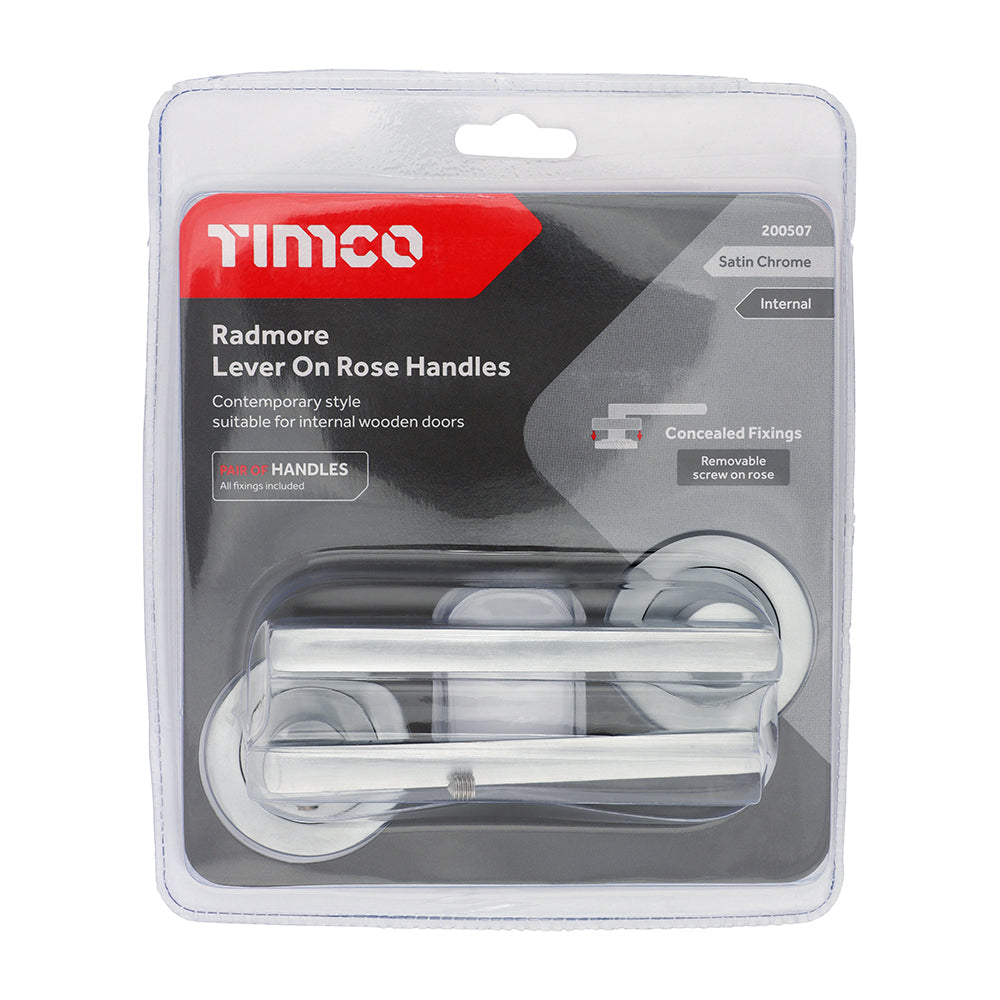 This is an image of Timco - Radmore Lever On Rose Handles - Satin Chrome 51mm (1 Pairs Blister Pack) 200507