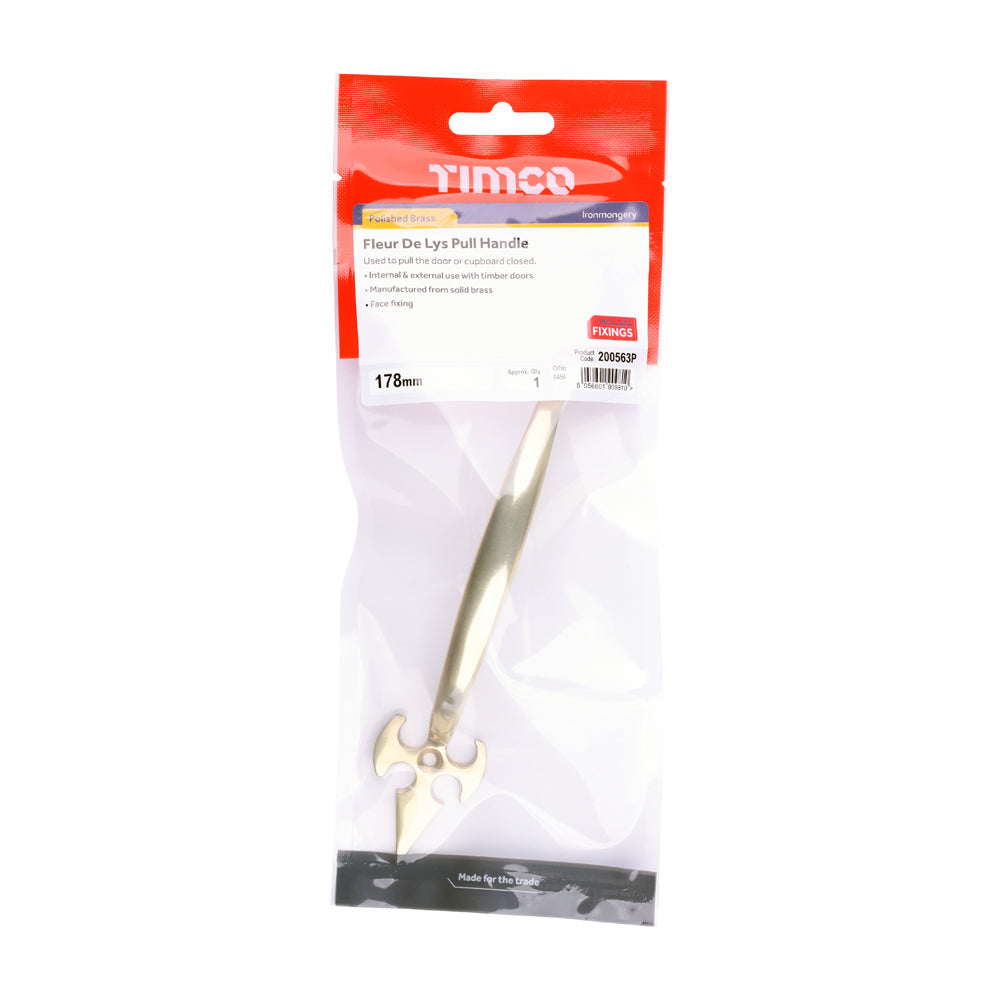This is an image of Timco - Fleur De Lys Pull Handle - Polished Brass 178mm (1 Each TIMpac) 200563P
