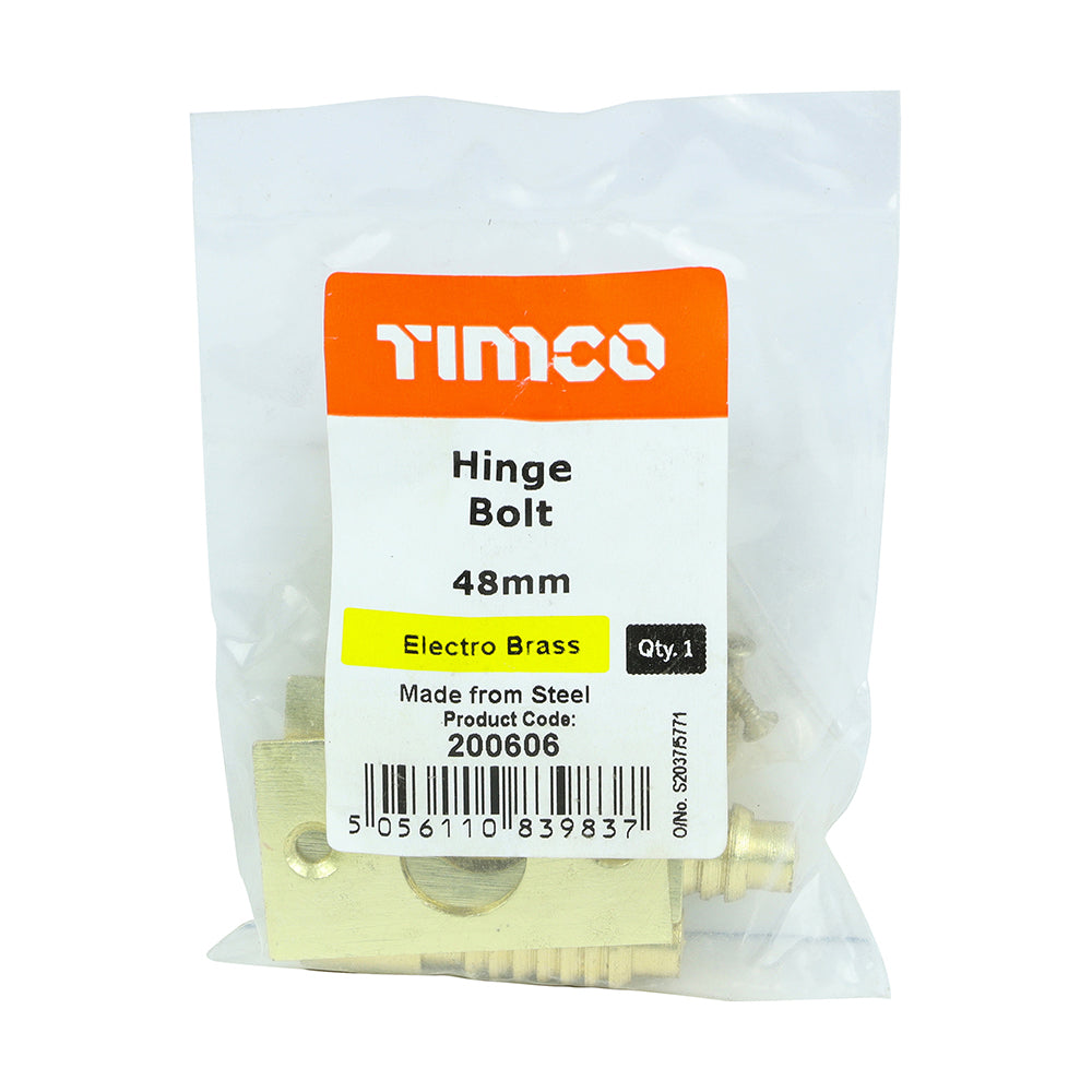 This is an image of Timco - Hinge Bolt - Electro Brass 48mm (2 Pieces Bag) 200606