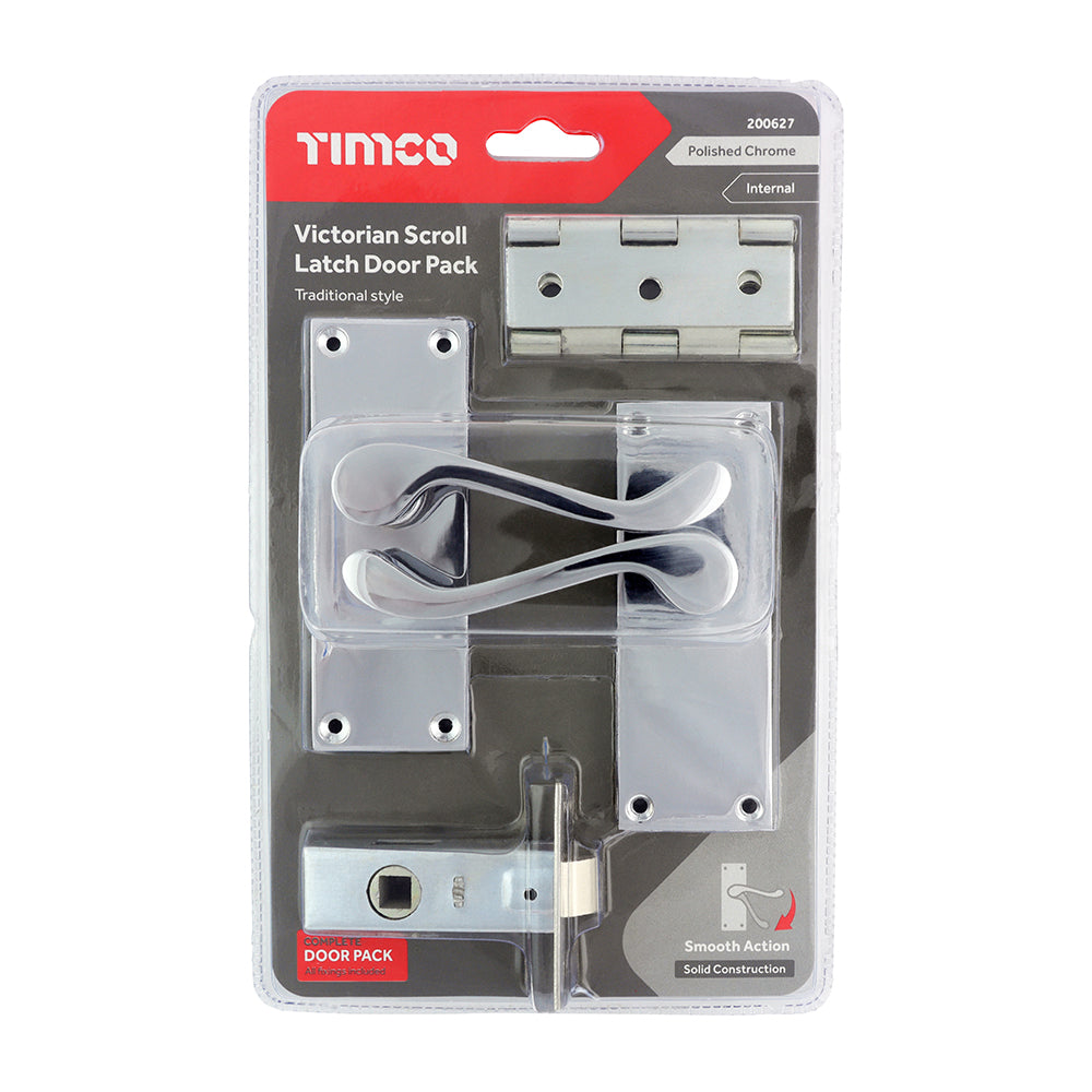 This is an image of Timco - Victorian Scroll Latch Door Pack - Polished Chrome Mixed (1 Each Blister Pack) 200627