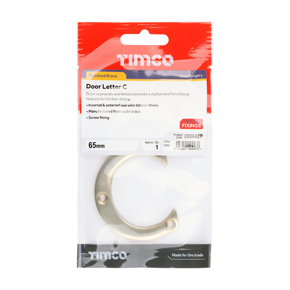 This is an image of Timco - Door Letter C - Polished Brass 65mm (1 Each TIMpac) 200642P