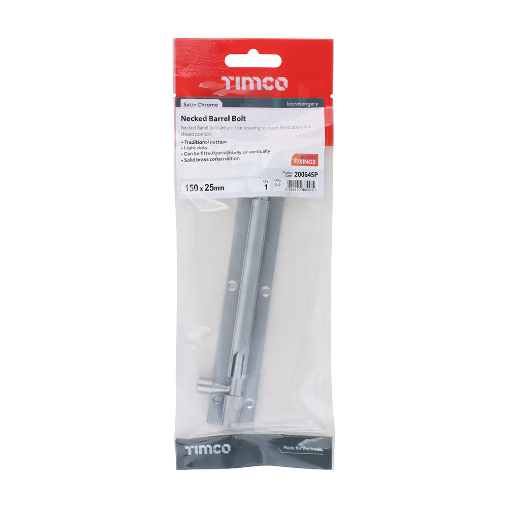 This is an image of Timco - Necked Barrel Bolt - Satin Chrome 150 x 25mm (1 Each TIMpac) 200645P