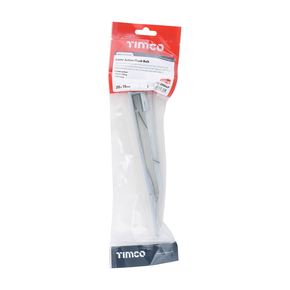 This is an image of Timco - Lever Action Flush Bolt - Satin Chrome 200 x 19mm (1 Each TIMpac) 200648P