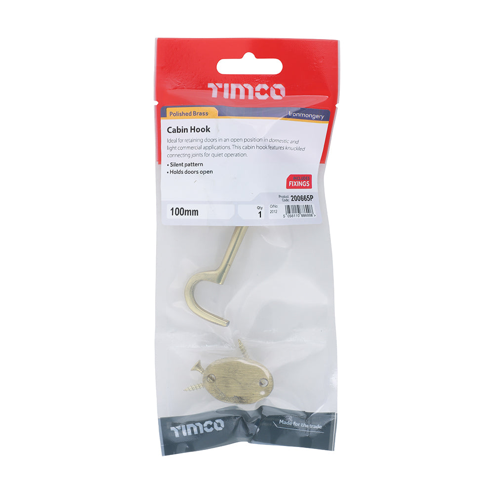 This is an image of Timco - Cabin Hook - Polished Brass 100mm (1 Each TIMpac) 200665P