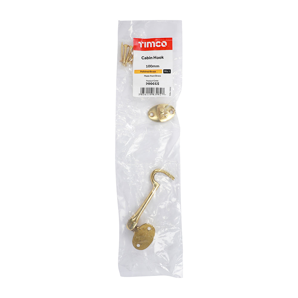 This is an image of Timco - Cabin Hook - Polished Brass 100mm (1 Each Bag) 200665
