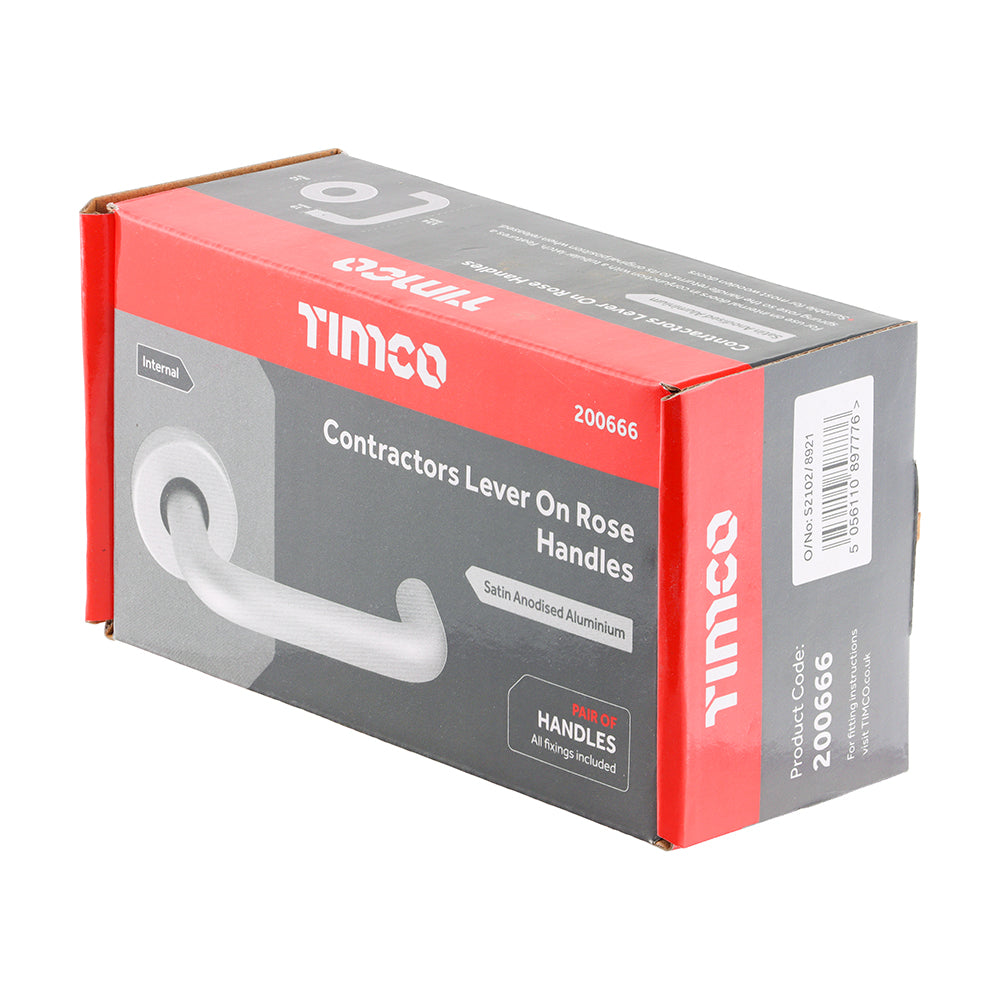 This is an image of Timco - Contractors Lever On Rose Set - Satin Anodised Aluminium 52mm (2 Pieces Box) 200666