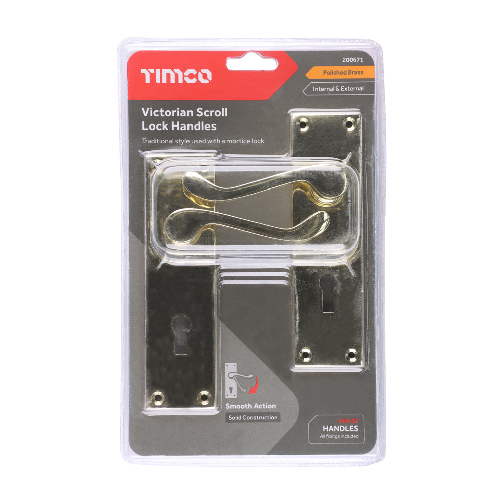 This is an image of Timco - Victorian Scroll Lock Handles - Polished Brass 152 x 42 (1 Pairs Blister Pack) 200671