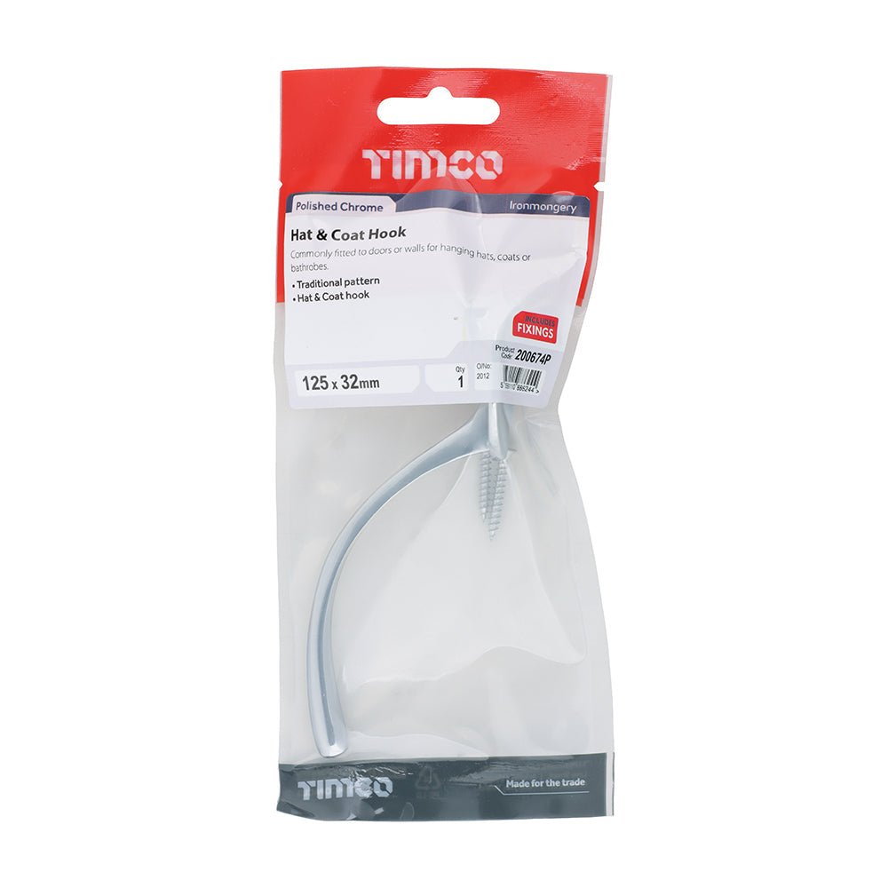 This is an image of Timco - Hat & Coat Hook - Polished Chrome 125 x 32mm (1 Each TIMpac) 200674P