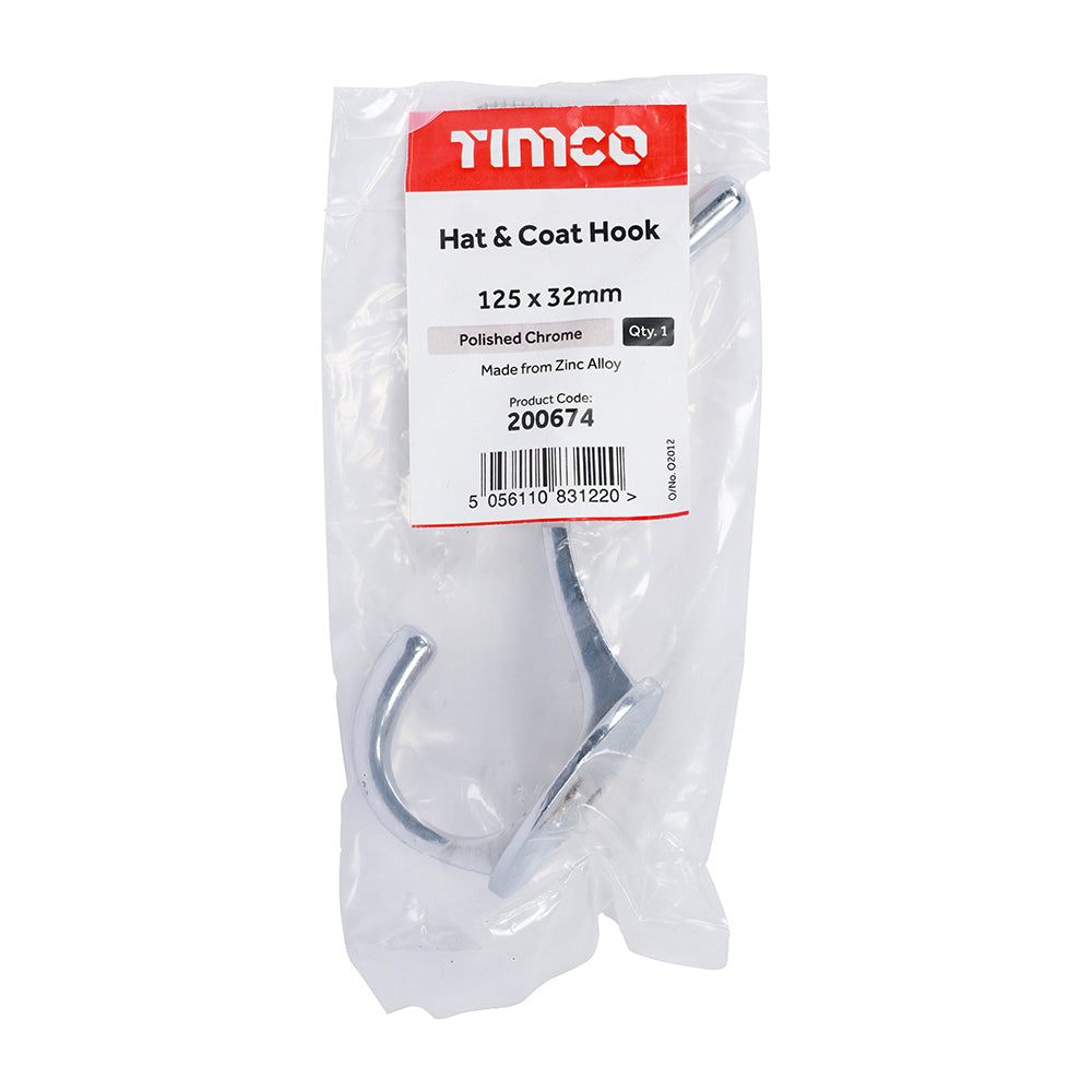 This is an image of Timco - Hat & Coat Hook - Polished Chrome 125 x 32mm (1 Each Bag) 200674