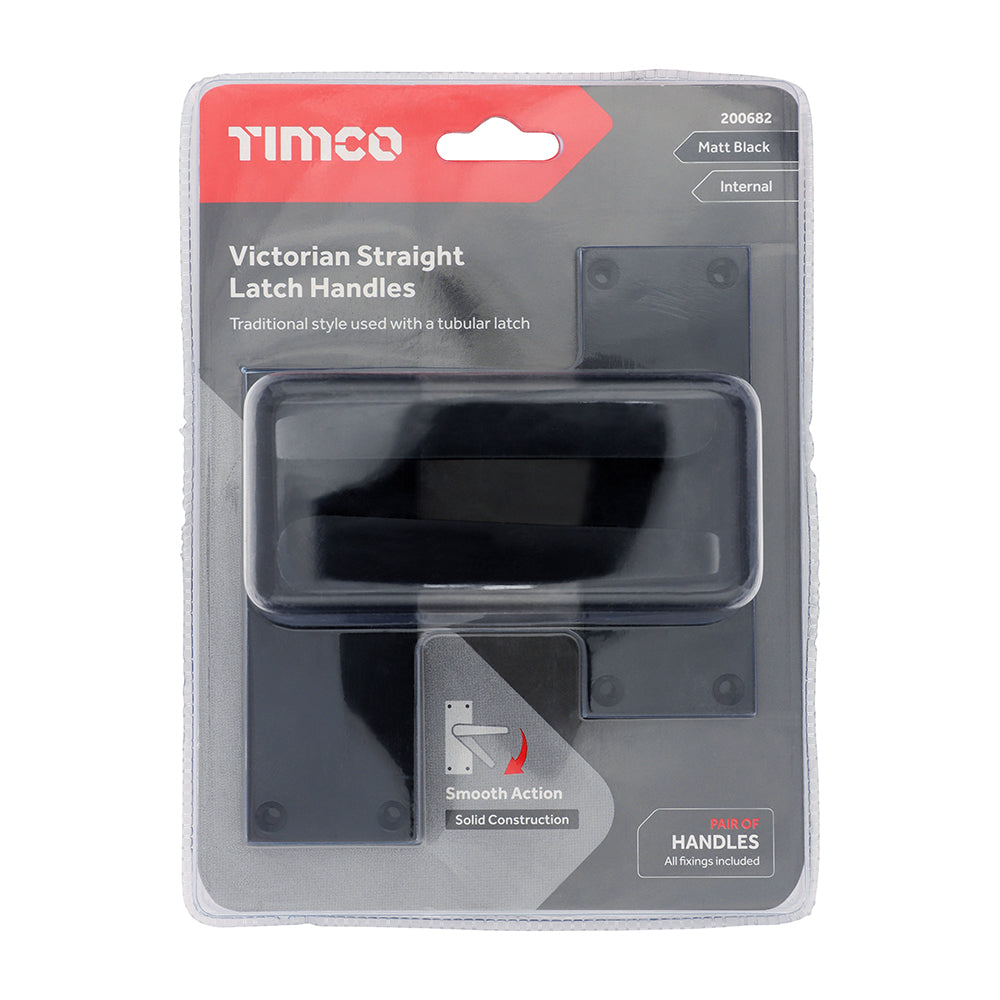 This is an image of Timco - Victorian Straight Latch Handles - Matt Black 114 x 42 (1 Pairs Blister Pack) 200682