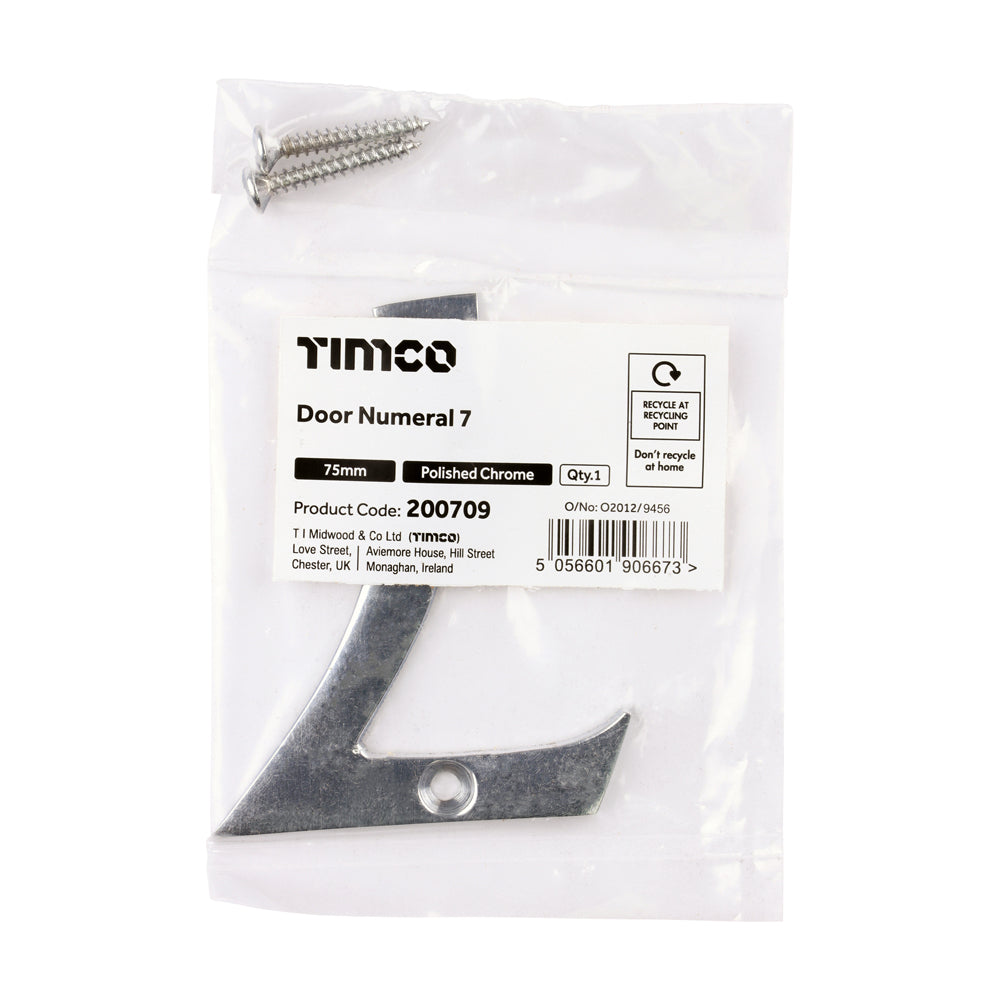 This is an image of Timco - Door Numeral 7 - Polished Chrome 75mm (1 Each Bag) 200709