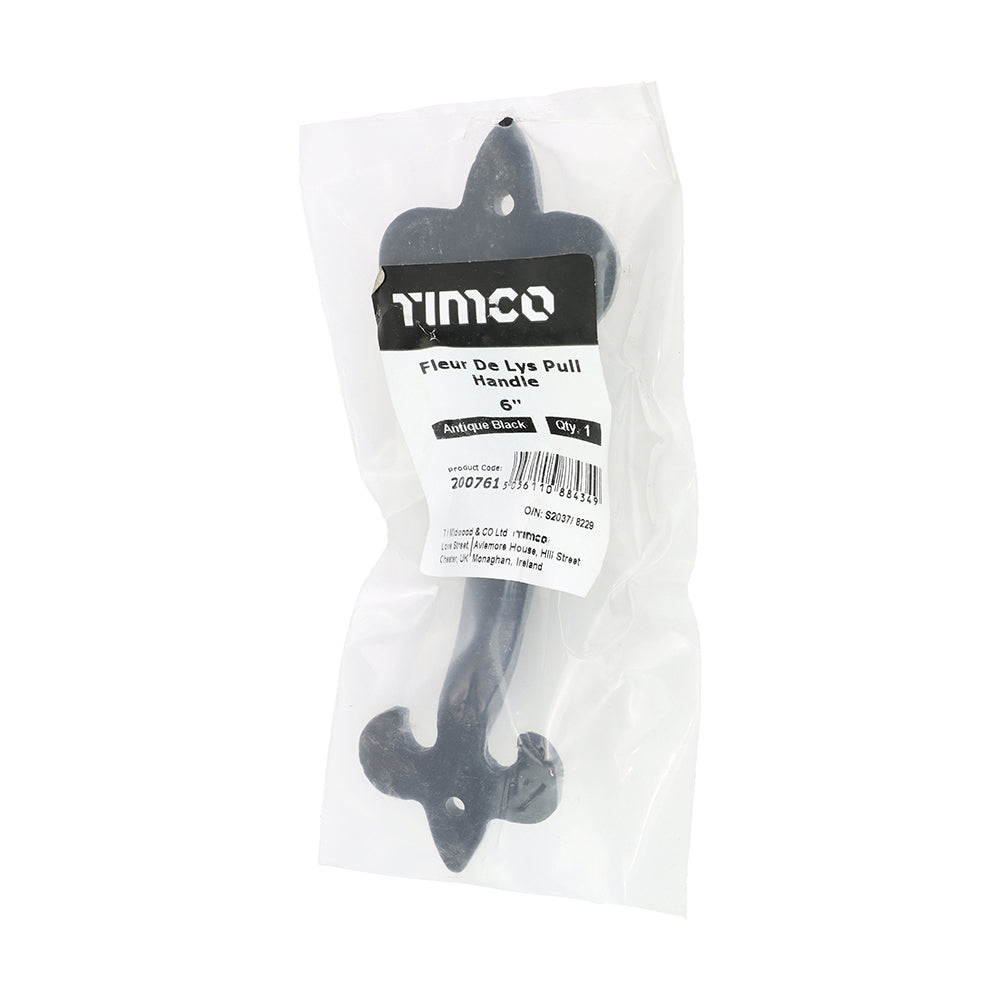 This is an image of Timco - Fleur De Lys Pull Handle - Antique Black 6" (1 Each Bag) 200761