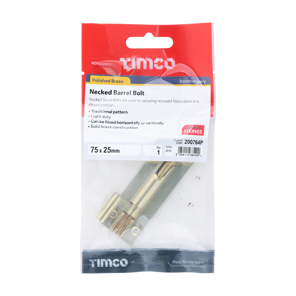 This is an image of Timco - Necked Barrel Bolt - Polished Brass 75 x 25mm (1 Each TIMpac) 200764P