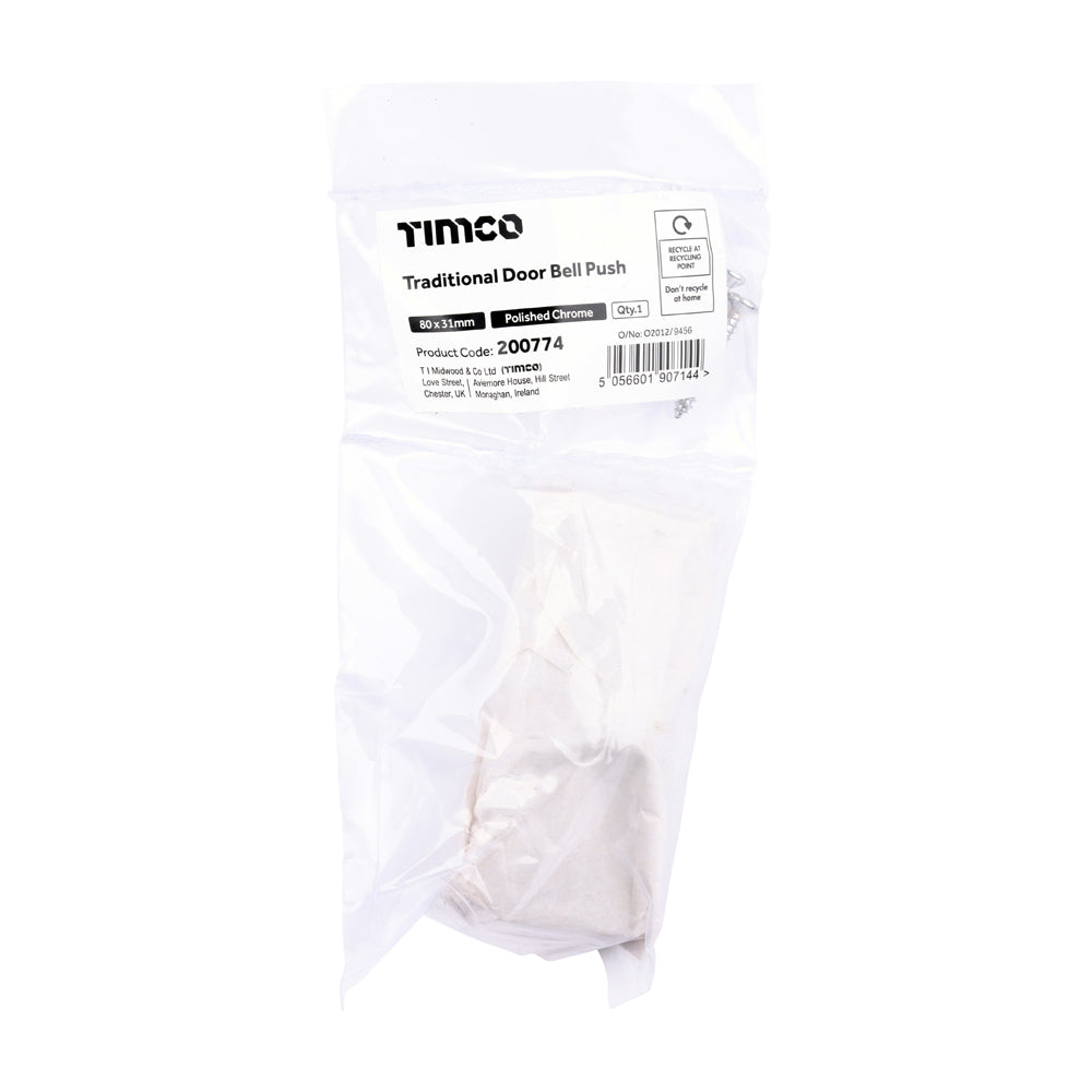This is an image of Timco - Traditional Door Bell Push - Polished Chrome 80 x 31 (1 Each Bag) 200774