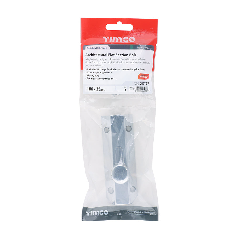 This is an image of Timco - Architectural Flat Section Bolt - Polished Chrome 100 x 35mm (1 Each TIMpac) 200777P