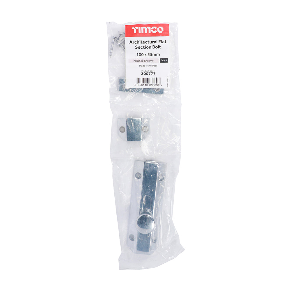 This is an image of Timco - Architectural Flat Section Bolt - Polished Chrome 100 x 35mm (1 Each Bag) 200777